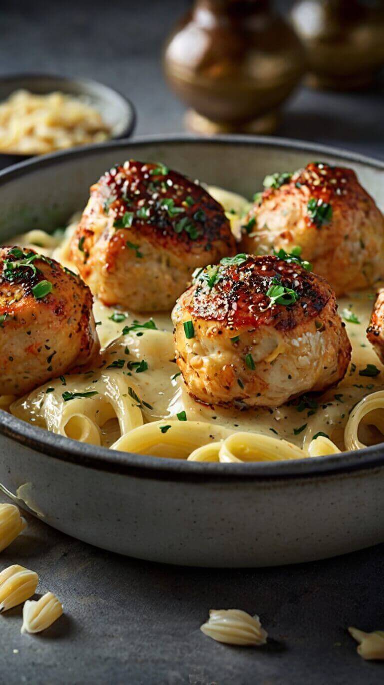 Garlic Butter Chicken Bites and Creamy Pasta 