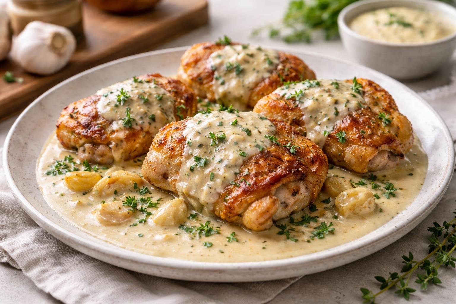 Bobby Flay Chicken Thighs with Creamy Garlic Sauce Recipe