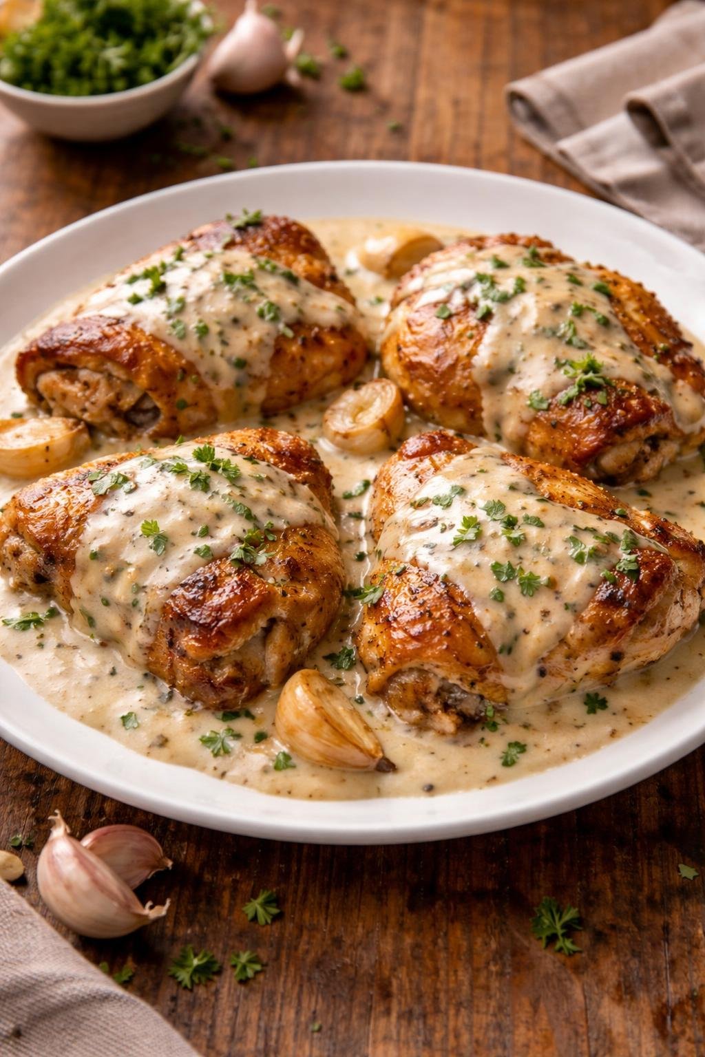 Bobby Flay Chicken Thighs with Creamy Garlic Sauce