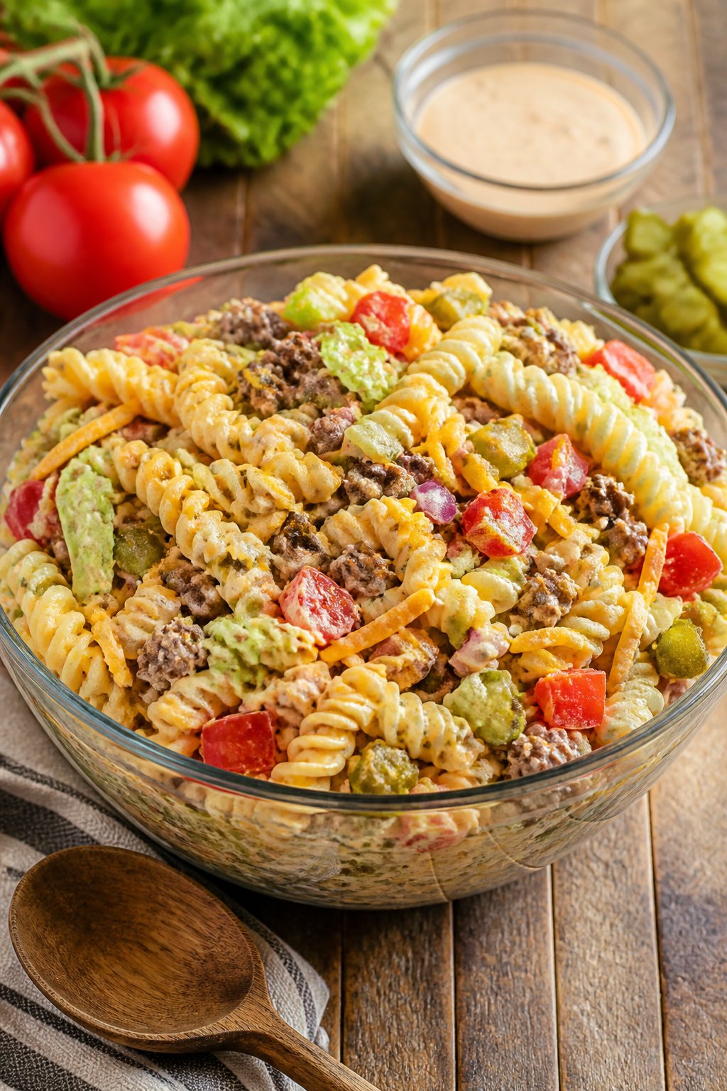 Big Mac Pasta Salad Recipe close-up, ready to serve