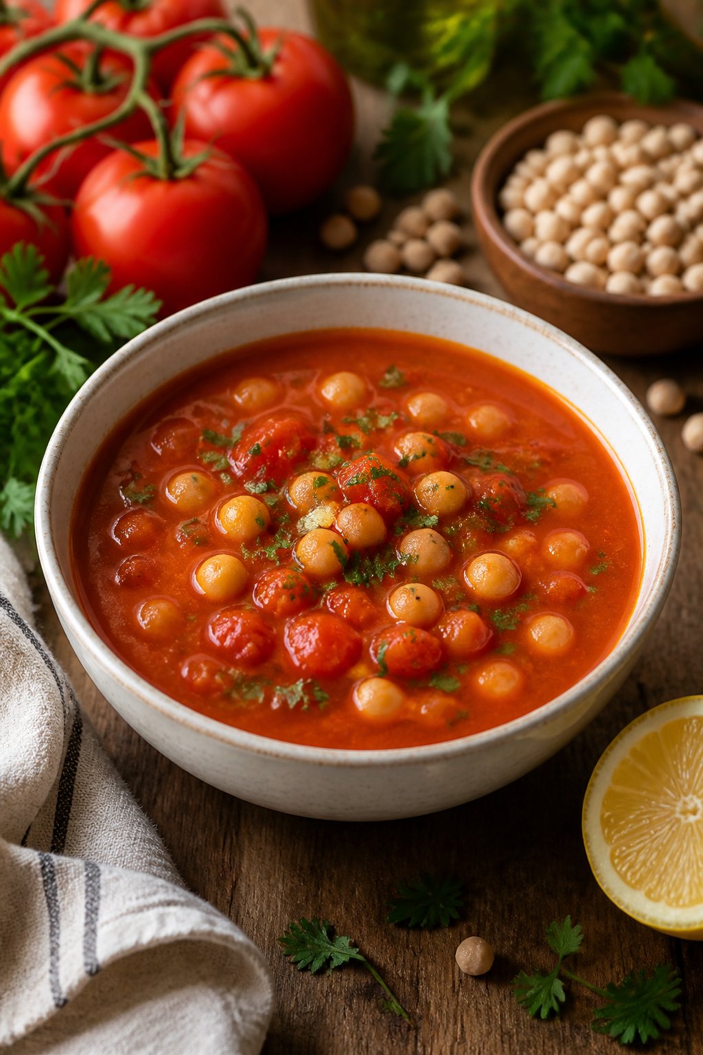 Chickpea Tomato Soup Recipe close-up, ready to serve