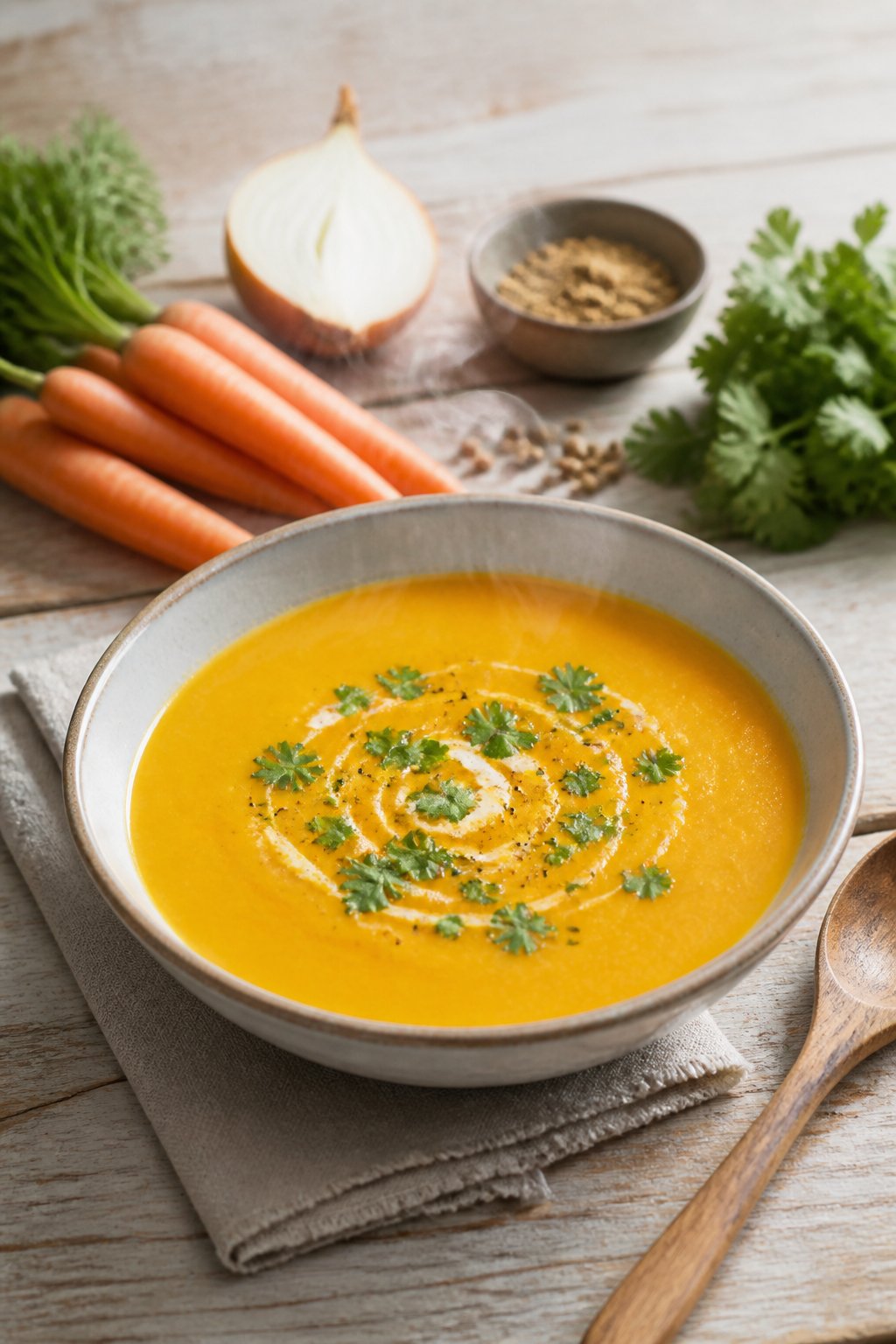Delia Smith Carrot And Coriander Soup Recipe close-up, ready to serve