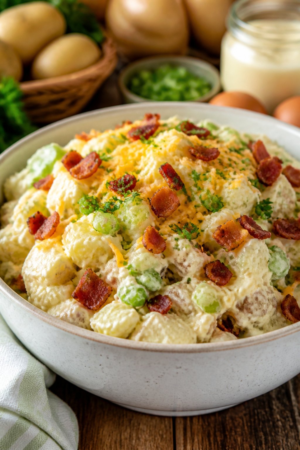 Paula Deen Loaded Potato Salad Recipe close-up, ready to serve