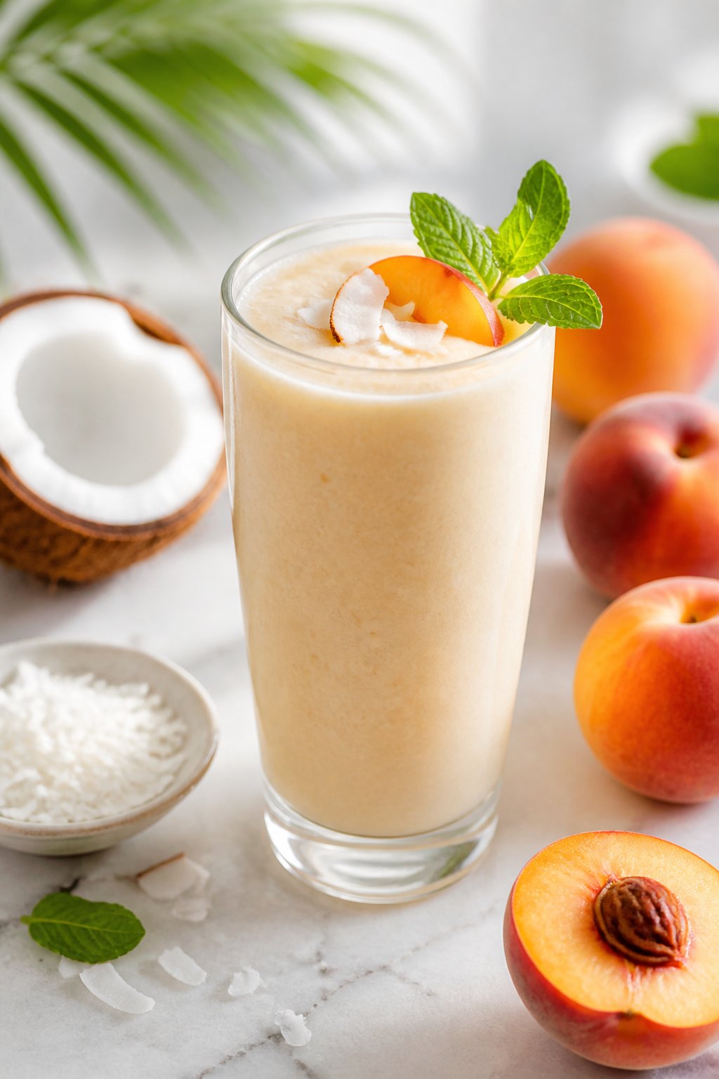 Peach Coconut Cream Smoothie Recipe close-up, ready to serve