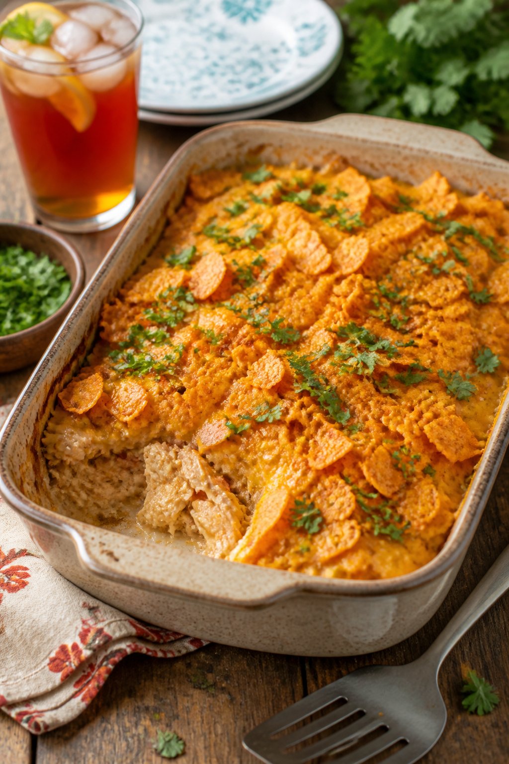 Pioneer Woman Chicken Dorito Casserole Recipe close-up, ready to serve