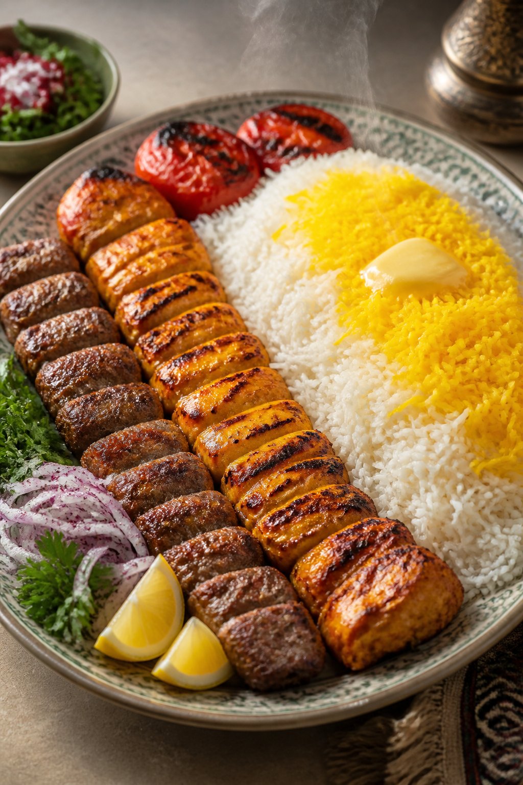 Chelo Kebab Recipe close-up, ready to serve