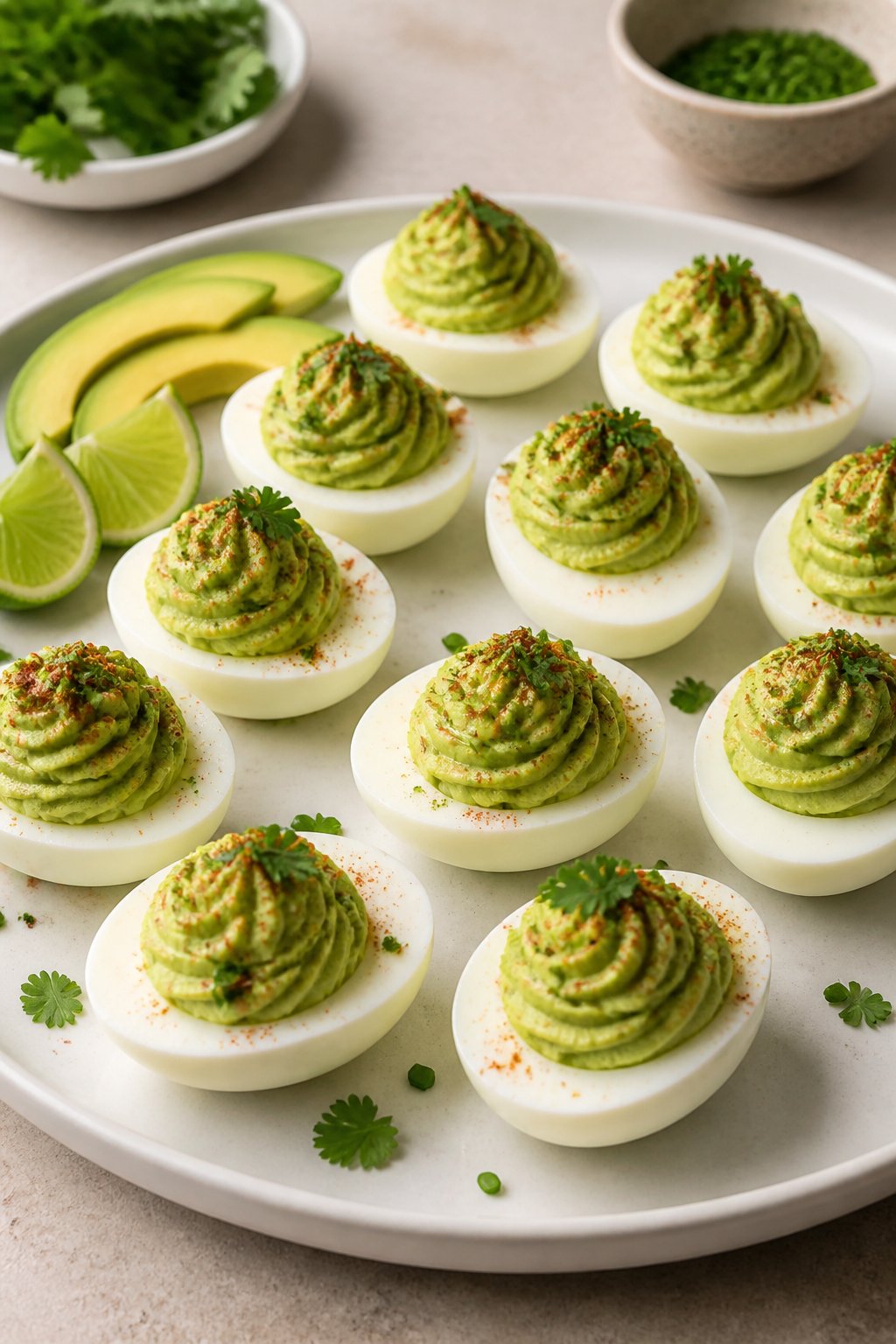 Creamy Avocado Deviled Eggs Recipe close-up, ready to serve
