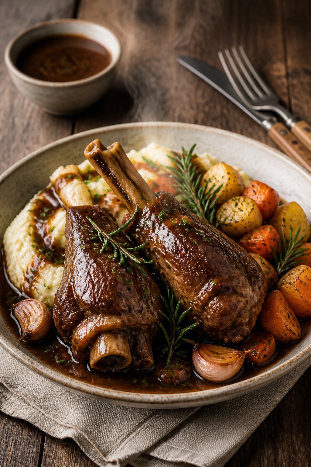 Hairy Bikers Lamb Shanks Recipe close-up, ready to serve