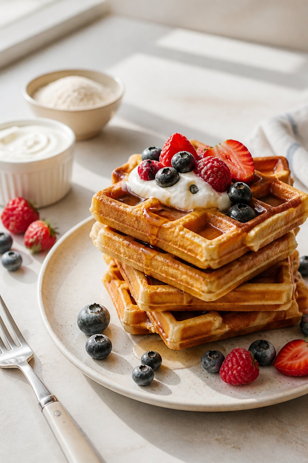 High Protein Waffles Recipe close-up, ready to serve