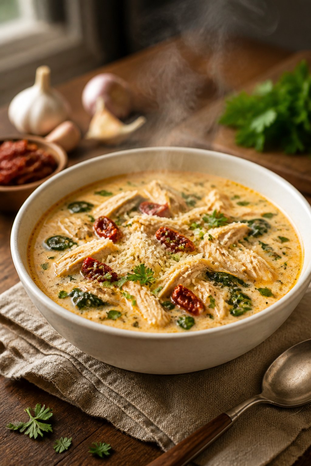 Marry Me Chicken Soup Recipe close-up, ready to serve