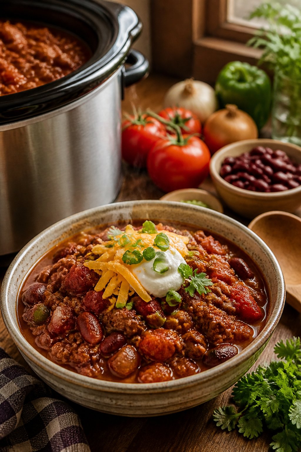 Paula Deen Slow Cooker Chili Recipe close-up, ready to serve