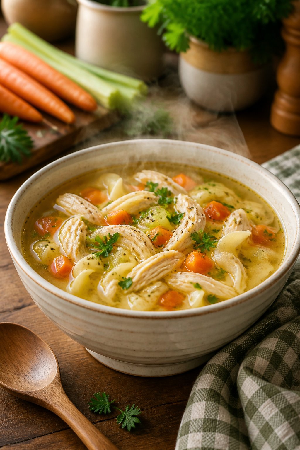 Pioneer Woman Chicken Noodle Soup Recipe close-up, ready to serve