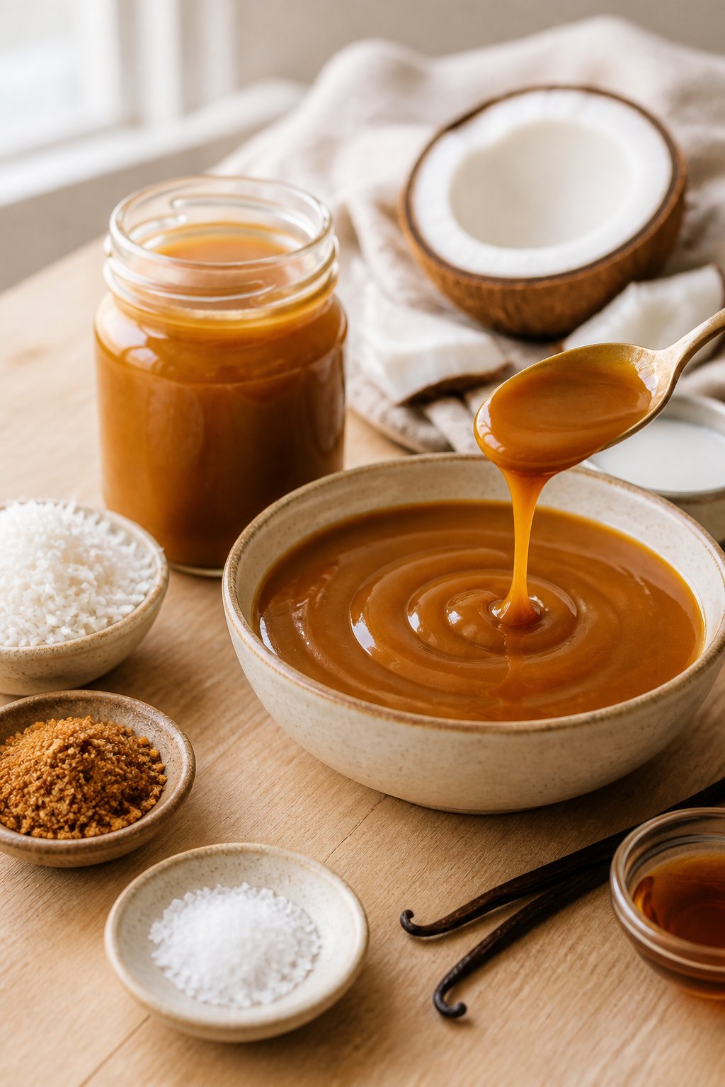 Vegan Coconut Milk Caramel Sauce Recipe close-up, ready to serve